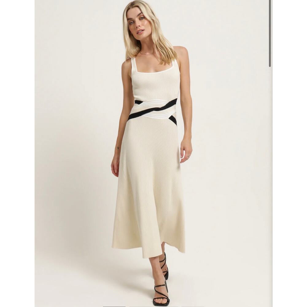 Sovere Drift Knit Dress Neutral Cut Out Waist, Ribbed, Midi, NWT Size Small